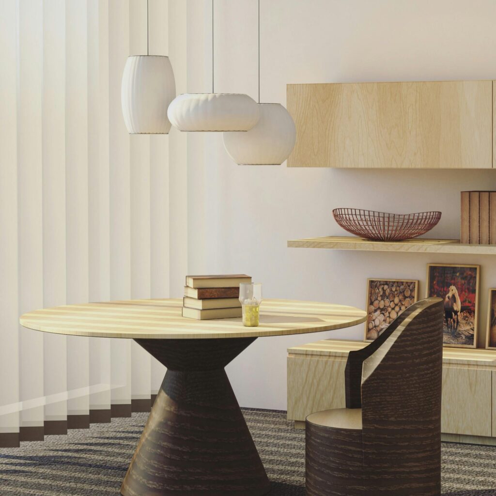 Contemporary living room with wooden furniture and creative decorations. Ideal for interior design inspiration.